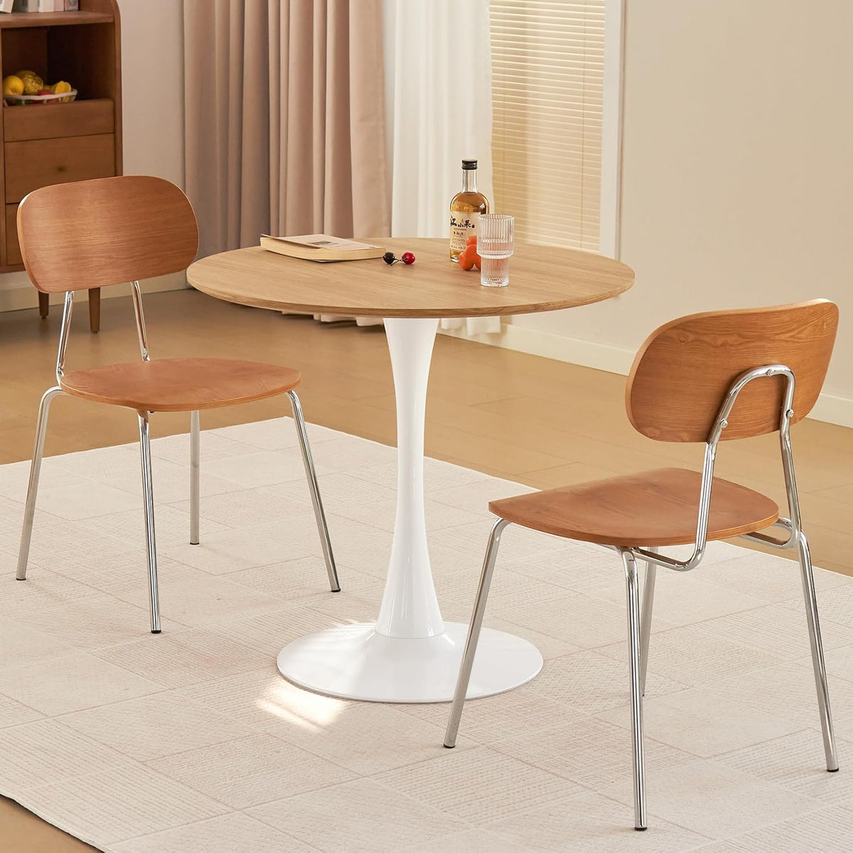 Table de salle à manger ronde, table tulipe circulaire de 80 cm dotée de plateau épais et pied en métal, table bistro moderne du milieu du siècle pour cuisine, petits espaces, salon, café (imitation chêne)