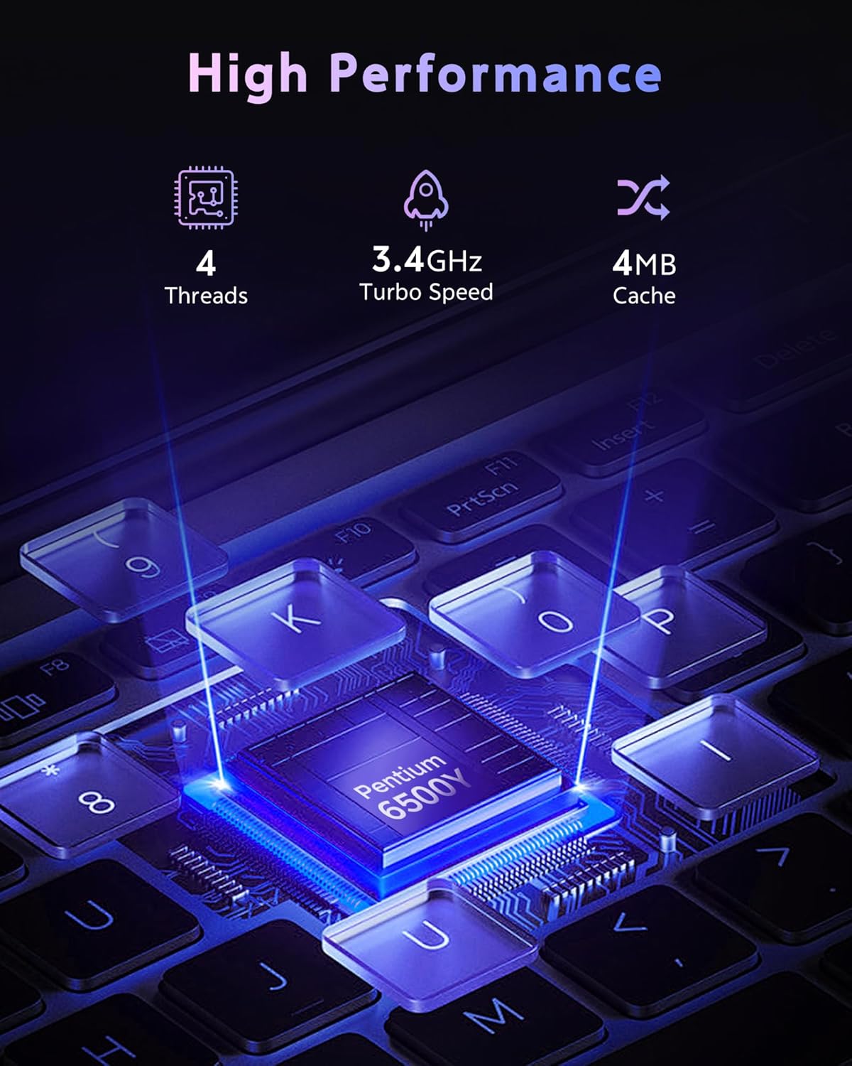 Ordinateur compact portable avec 16 Go de RAM, processeur Pentium 6500Y (plus performant que le N5095 jusqu'à 3,4 GHz), SSD de 256 Go, écran IPS Full HD de 15,6 pouces, ports USB Type-C, USB 3.2 et HDMI, et une autonomie longue durée.