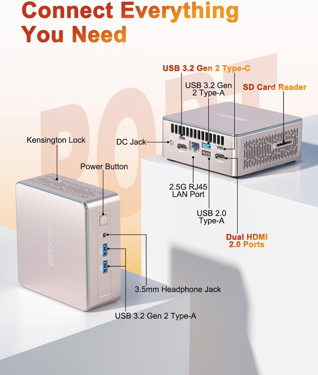 Mini PC GEEKOM A5 2026 doté de processeur AMD Ryzen 7 5825U, 16 Go de RAM DDR4 (non LPDDR), SSD NVMe 512 Go, disque dur SATA 2,5", carte graphique Radeon Vega 8, Windows 11 Pro, quadruple affichage 8K, double port HDMI, 6 ports USB, lecteur de carte…