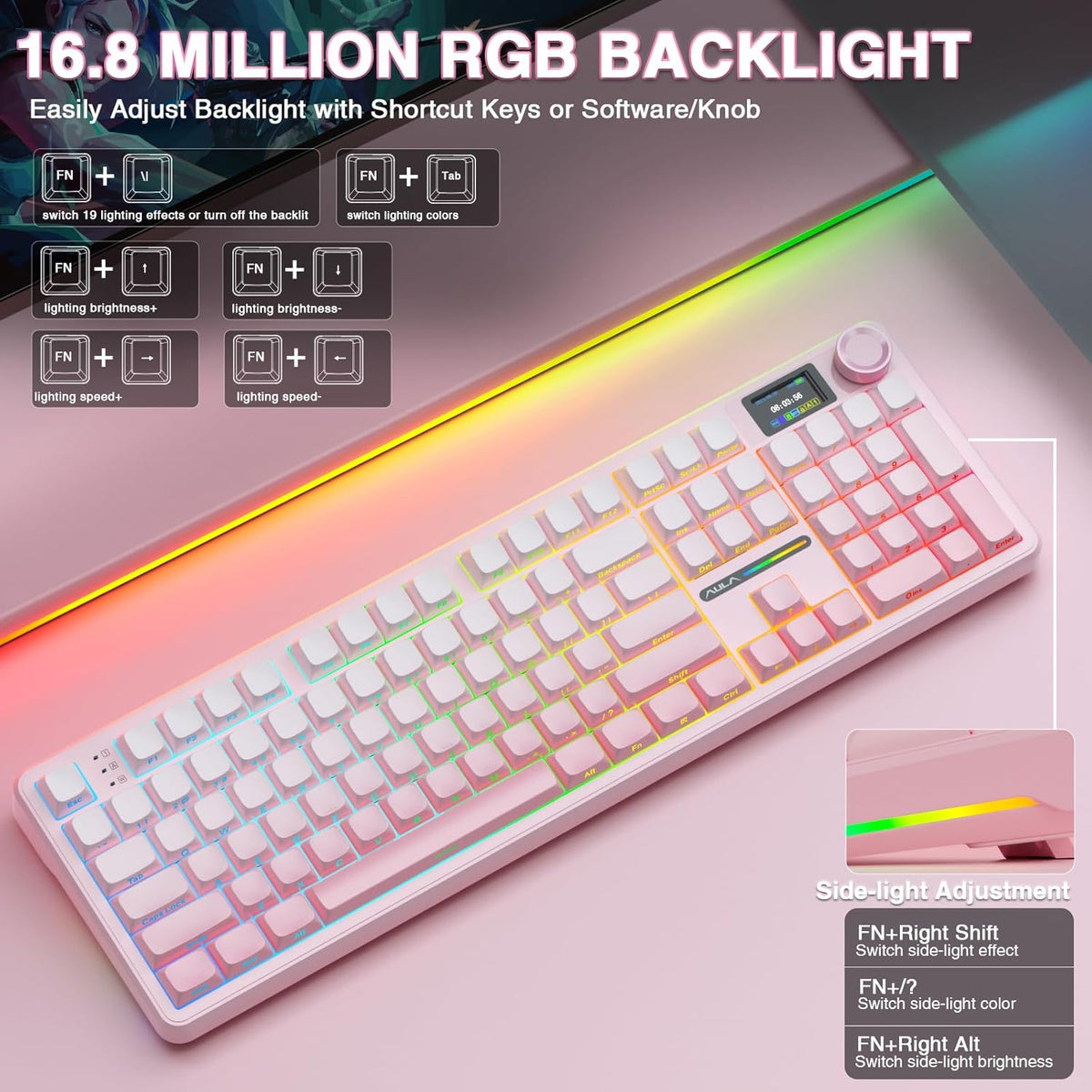 AULA F108 PRO - Clavier mécanique à connectivité sans fil doté de écran et molette, clavier complet doté de batterie 8000 mAh, commutateurs pré-lubrifiés, touches PBT imprimées latéralement, rétroéclairage RGB, touches roses personnalisables et…