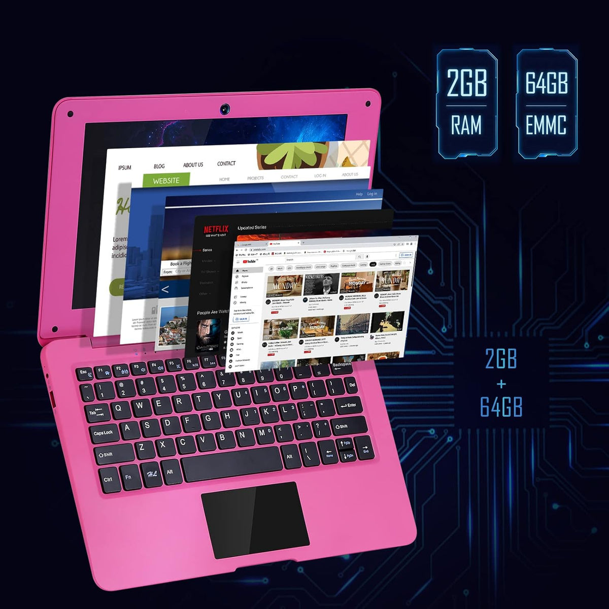 Ordinateur compact portable G-Anica (10,1 pouces), processeur quadricœur sous Android 12.0, netbook avec Wi-Fi, webcam et Bluetooth, mini ordinateur compact portable avec sacoche, souris et tapis de souris pour enfants et adultes (rose)