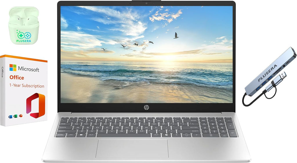 Ordinateur compact portable professionnel HP 15,6 pouces avec Microsoft Office 365 et Copliot AI, processeur Intel quadricœur, Windows 11, écouteurs PLUSERA et hub 8 en 1 inclus, argent naturel (argent naturel, 16 Go de RAM)