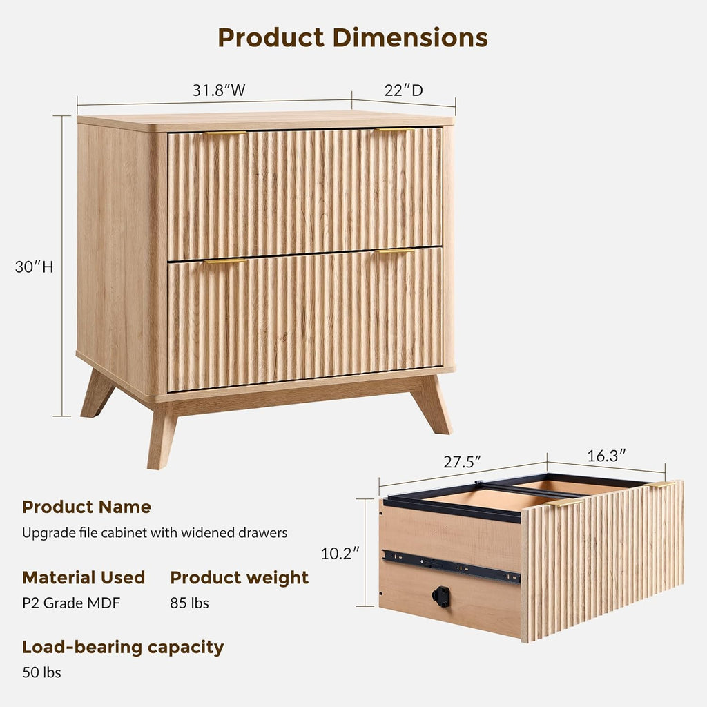 Classeur à deux tiroirs T4TREAM, classeur latéral cannelé de 31,8 cm dotée de tringle de suspension pour dossiers format Lettre/Légal/A4, grand plateau pour imprimante, meuble de bureau en bois, chêne naturel