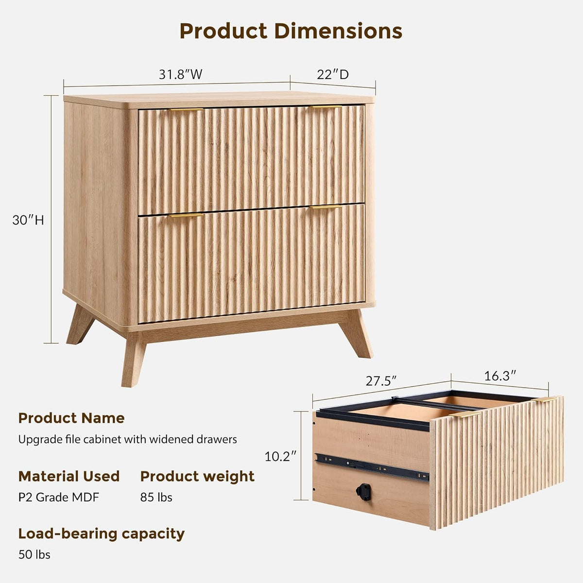 Classeur à deux tiroirs T4TREAM, classeur latéral cannelé de 31,8 cm dotée de tringle de suspension pour dossiers format Lettre/Légal/A4, grand plateau pour imprimante, meuble de bureau en bois, chêne naturel