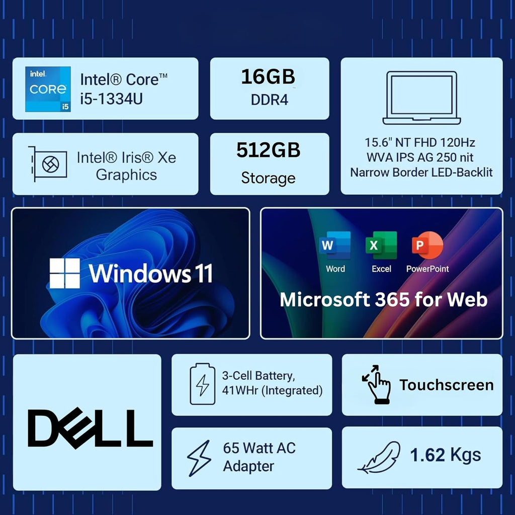 Ordinateur compact portable professionnel Dell Inspiron 15,6" FHD tactile, processeur Intel Core i5 de 13e génération (supérieur au i7-1250U), 12 Go de RAM, 768 Go de stockage (SSD de 256 Go et disque dur externe de 512 Go), Windows 11, Office 365
