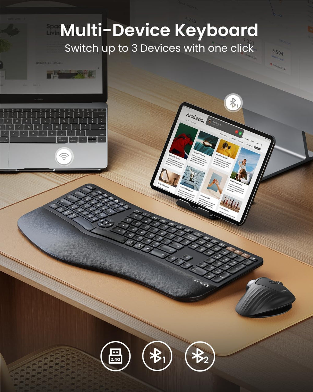 Clavier ergonomique Bluetooth rétroéclairé ProtoArc EK01 Plus, clavier à connectivité sans fil complet divisé doté de double connectivité Bluetooth et USB, repose-poignets rembourré, rechargeable, compatible Windows/Mac/Android, noir