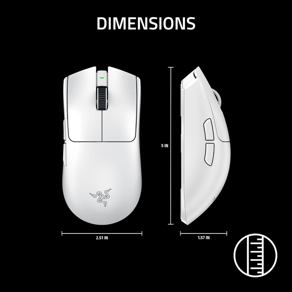 Souris gaming à connectivité sans fil Razer Viper V3 Pro : symétrique, légère (55 g), fréquence de rafraîchissement de 8 000 Hz, capteur optique 35 000 DPI, commutateurs optiques Gen3, 8 boutons programmables, autonomie de 95 h, blanche.