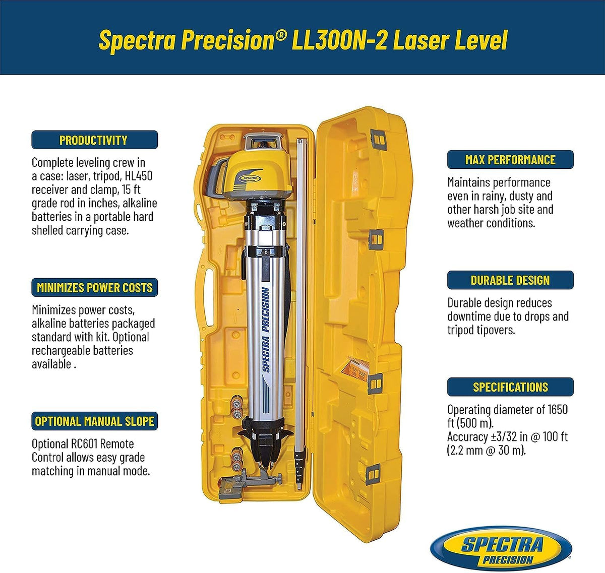 Kit de niveau Spectra LL300N-2 doté de récepteur HL450 et trépied