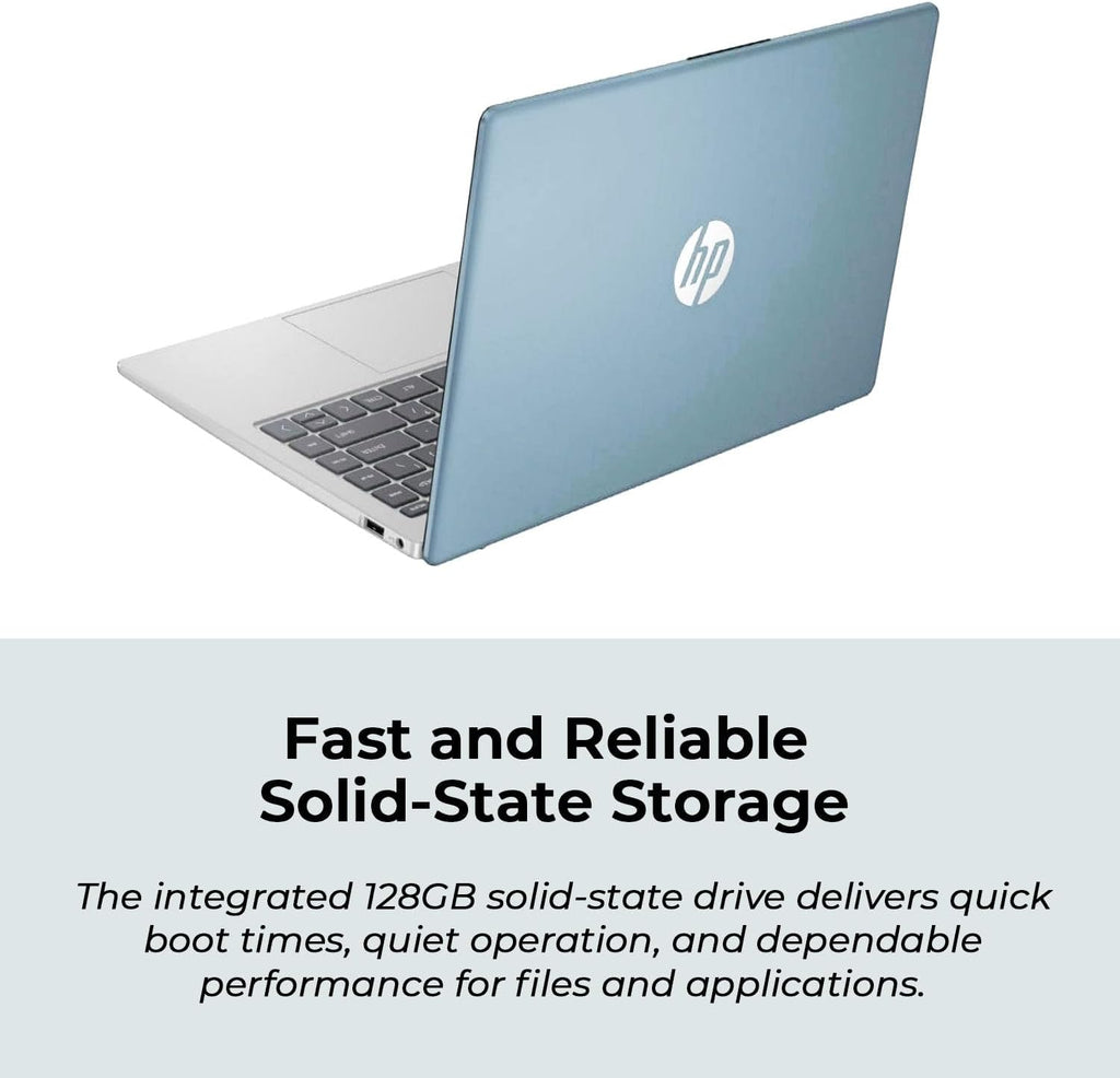 Ordinateur compact portable HP 14 Bleu clair de lune avec Office 365, processeur AMD, 4 Go de mémoire vive DDR5 intégrée, 1,1 To de stockage (128 Go SSD et 1 To OneDrive), écran HD, Windows 11, performances économes en énergie et silencieuses.