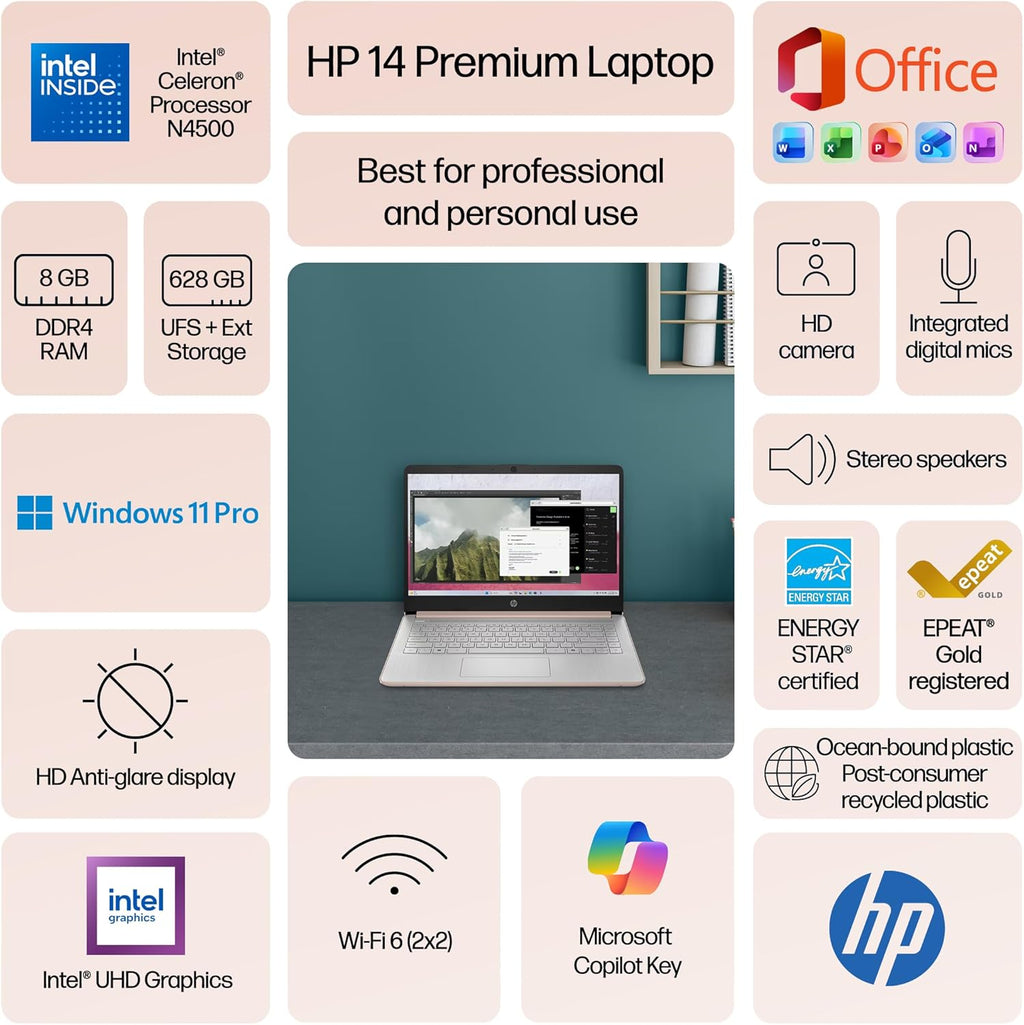Ordinateur compact portable HP Flagship 14 pour étudiants et professionnels (2026), Windows 11 Professionnel, Copilot AI, processeur Intel jusqu'à 2,8 GHz, 8 Go de RAM, 628 Go de stockage (128 Go SSD + 500 Go d'extension), Wi-Fi 6, HubxcelAccessory