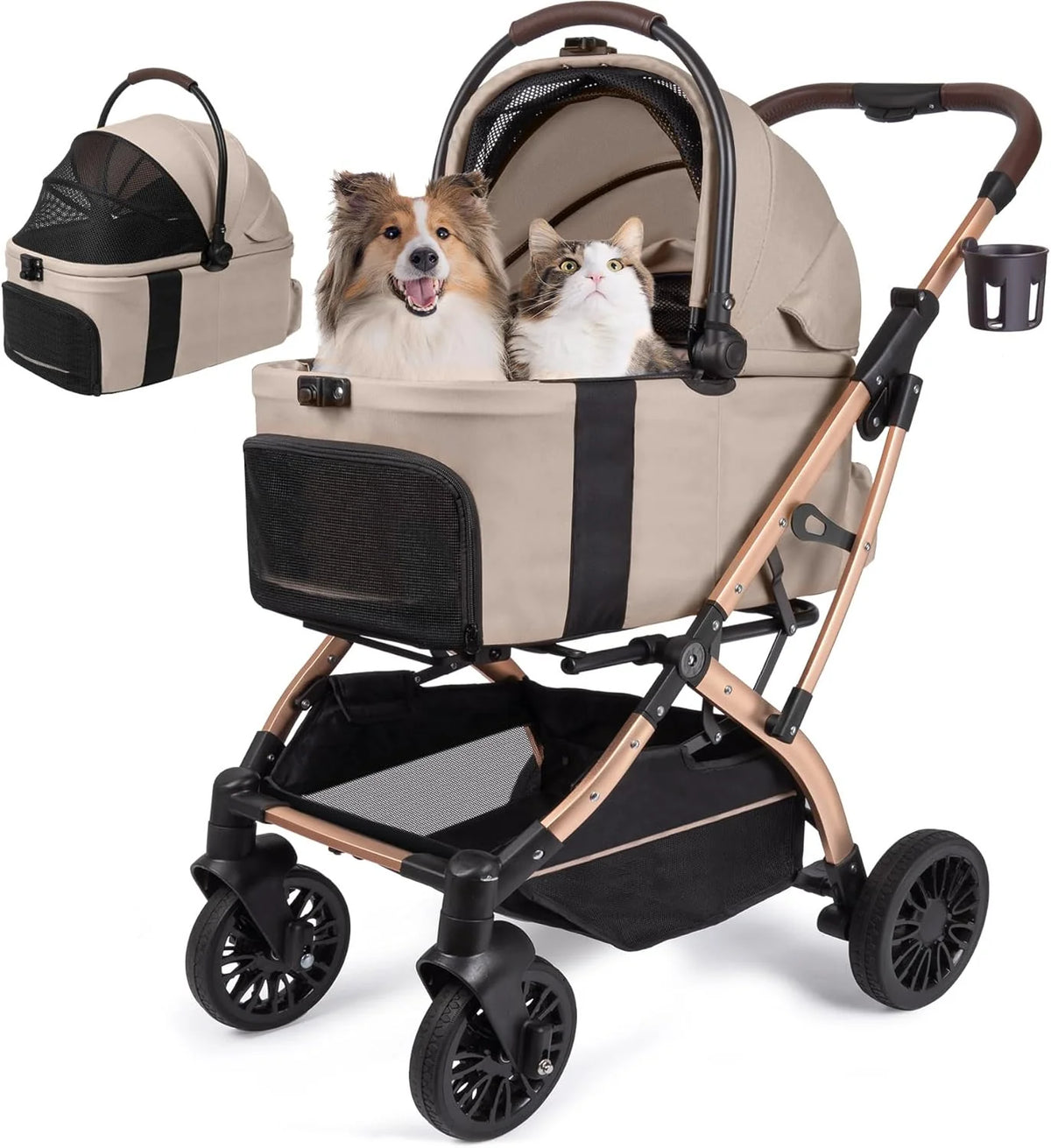 Chariot pliable 5 en 1 pour chiens de petite et moyenne taille allant jusqu'à 25 kg, siège imperméable amovible et siège enfant