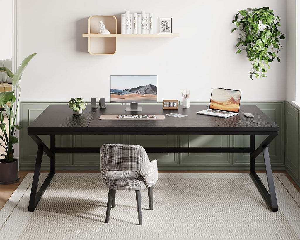 Bureau d'ordinateur HSH extra long noir, 198 cm (78 pouces), grand bureau pour deux personnes à domicile, style industriel, en métal et bois, idéal pour le travail de direction, l'écriture et les études. Table moderne noire pour PC compact portable
