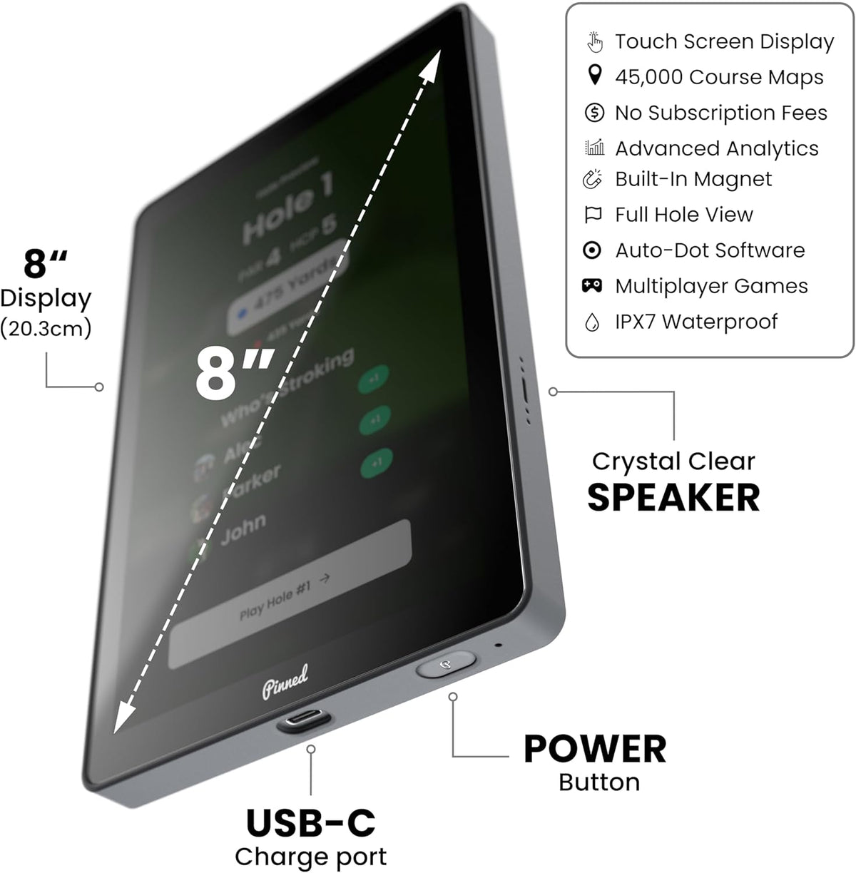 Tablette tactile GPS portable Pinned Golf - Le Caddie - Écran tactile magnétique résistant aux intempéries - Distances FCB - 45 000 cartes de parcours - Cadeau pour homme - Gris