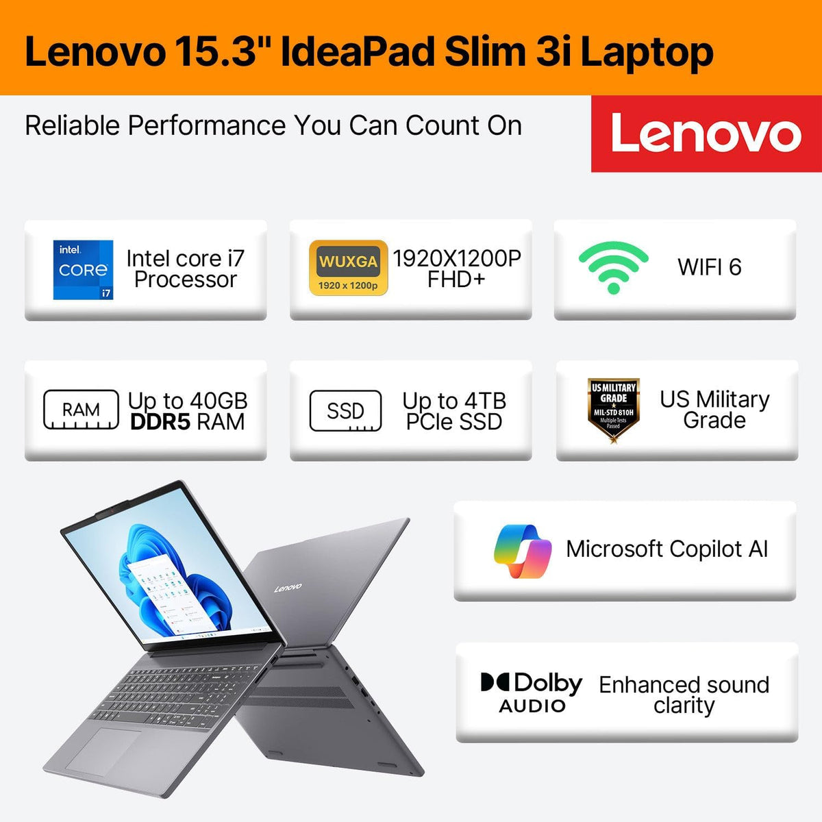 Ordinateur compact portable professionnel Lenovo IdeaPad • Écran FHD+ 15,3 pouces • Processeur Intel Core i7-13620H à 10 cœurs • 16 Go de RAM DDR5 • SSD PCIe de 512 Go • Intelligence artificielle Copilot • Wi-Fi 6 et Bluetooth 5.2 • Windows 11 •