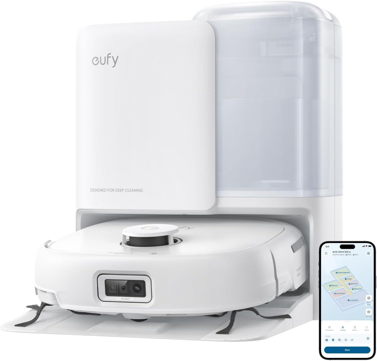 Aspirateur robot eufy E25, système HydroJet doté de balai à franges, aspiration turbo 20 000 Pa, robot laveur tout-en-un, nettoyage des bords et des coins, conception anti-enchevêtrement, détection d'obstacles par IA, blanc