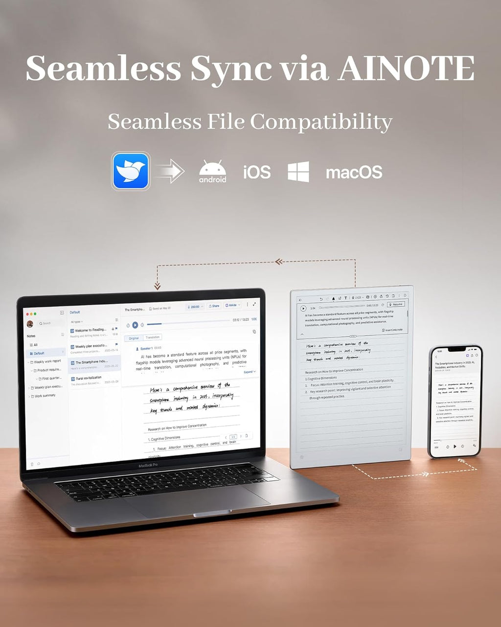 Tablette tactile à encre électronique iflytek AINOTE 2 10,65 pouces avec intelligence artificielle pour la prise de notes en réunion. Ultra-mince (4,2 mm), elle offre la transcription vocale en 16 langues et la conversion de l'écriture manuscrite en