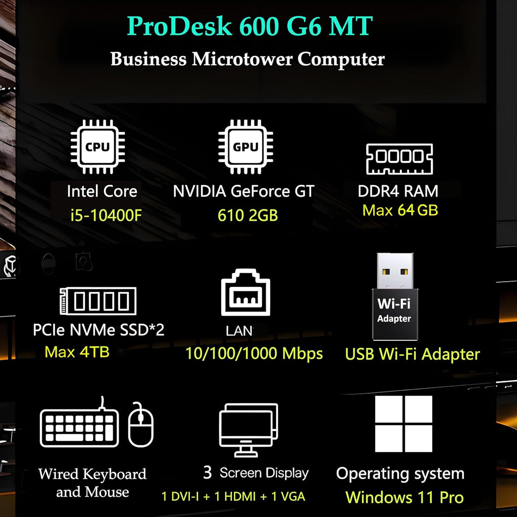 Ordinateur de bureau HP ProDesk 600 MT pour la comptabilité et le traitement des données : processeur Intel i5-10400F à 6 cœurs, 16 Go de RAM, SSD PCIe de 1 To, adaptateur Wi-Fi, clavier et souris, Windows 11 Professionnel, noir de jais. – Modèle…