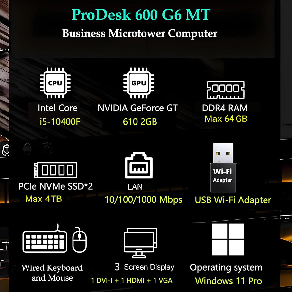 Ordinateur de bureau HP ProDesk 600 MT pour la comptabilité et le traitement des données : processeur Intel i5-10400F à 6 cœurs, 16 Go de RAM, SSD PCIe de 1 To, adaptateur Wi-Fi, clavier et souris, Windows 11 Professionnel, noir de jais. – Modèle…