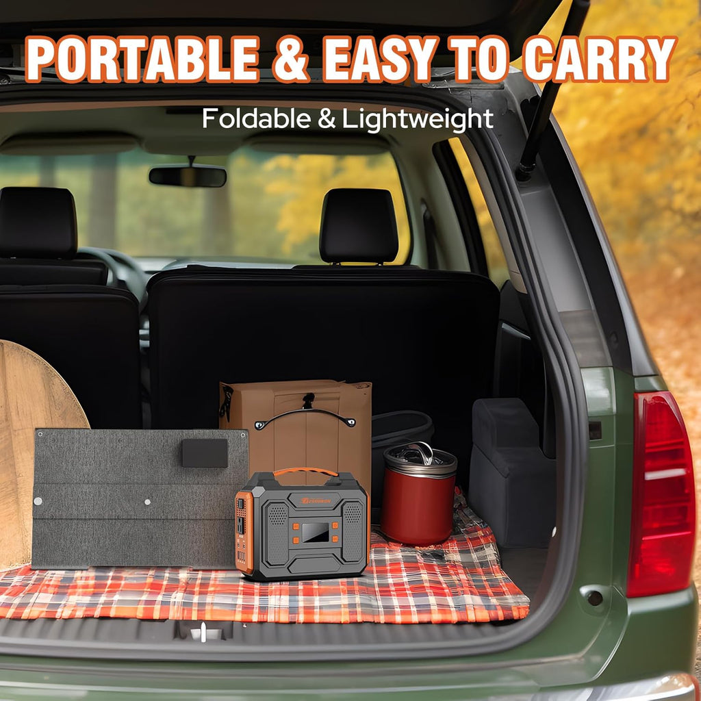 Générateur solaire compact portable avec panneaux 300 W, station d'alimentation avec panneau solaire 60 W, prise secteur 110 V, bloc d'alimentation solaire, générateur de camping, batterie externe 65 W avec alimentation CC pour ordinateur compact
