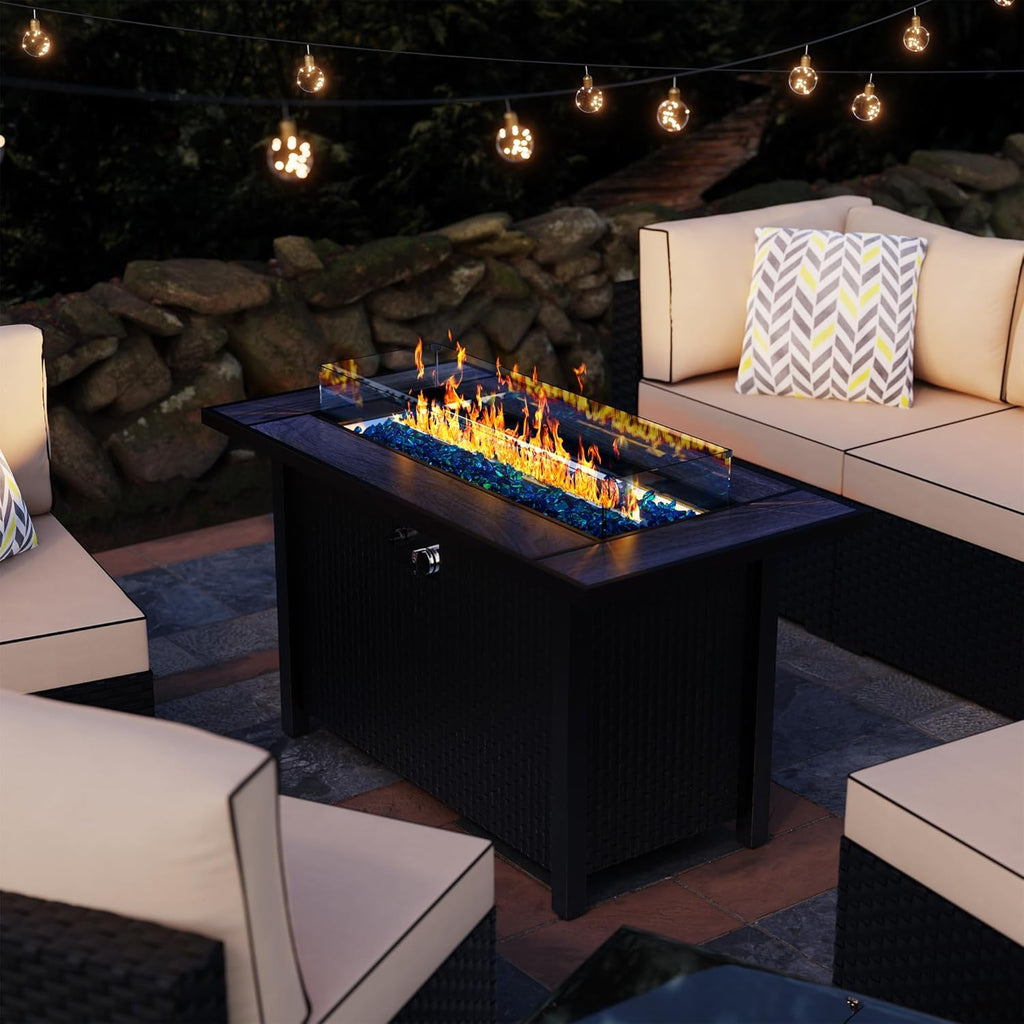 Foyer extérieur Meilocar 45 po (114 cm) au propane dotée de pare-vent en verre et housse anti-pluie, 50 000 BTU, 3 en 1, pour patio, cour ou balcon, plateau gris.
