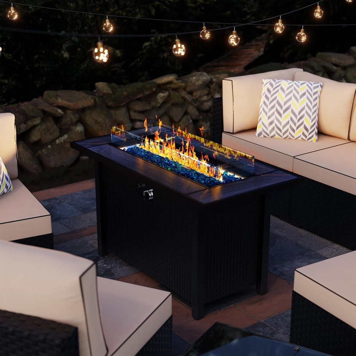 Foyer extérieur Meilocar 45 po (114 cm) au propane dotée de pare-vent en verre et housse anti-pluie, 50 000 BTU, 3 en 1, pour patio, cour ou balcon, plateau gris.