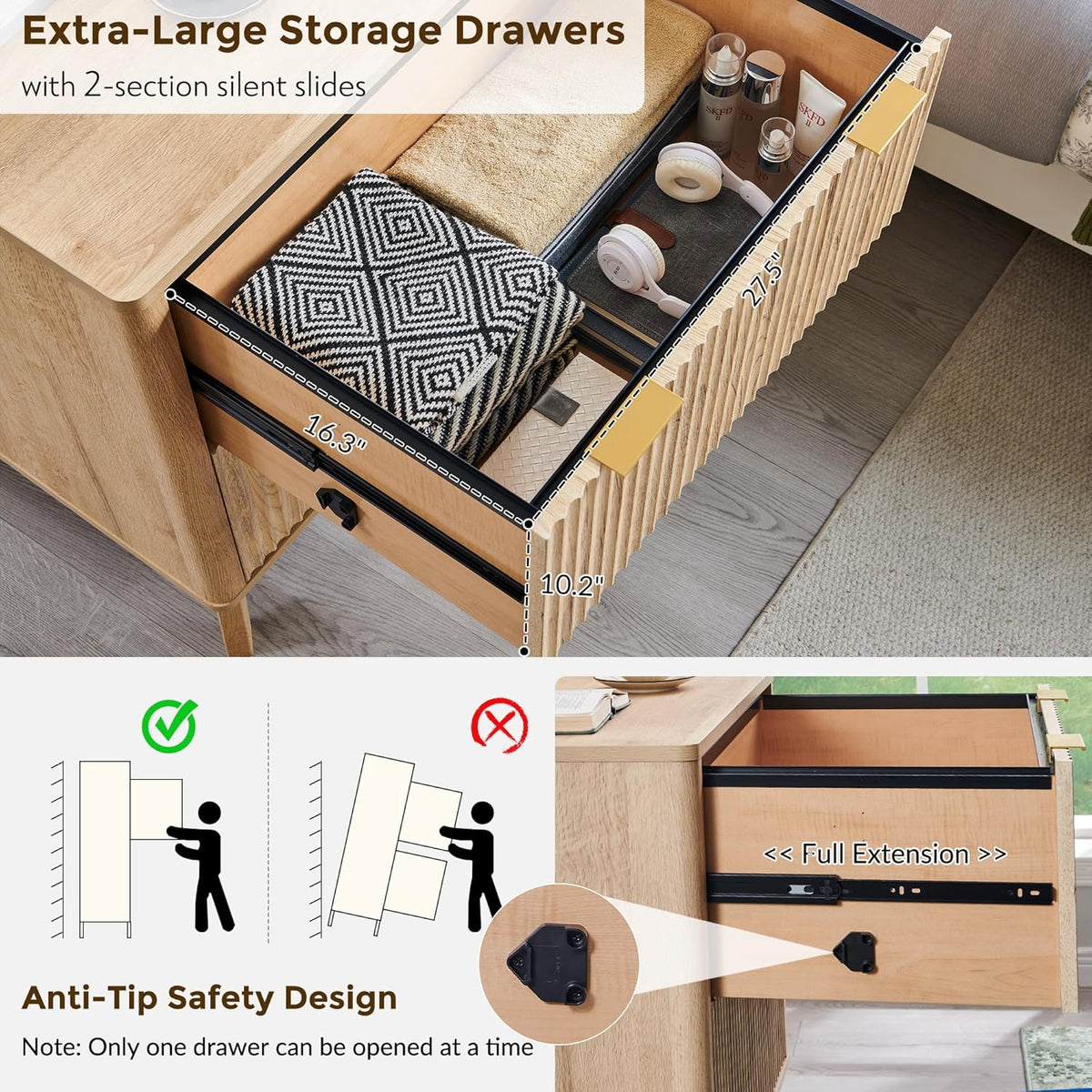 Classeur à deux tiroirs T4TREAM, classeur latéral cannelé de 31,8 cm dotée de tringle de suspension pour dossiers format Lettre/Légal/A4, grand plateau pour imprimante, meuble de bureau en bois, chêne naturel