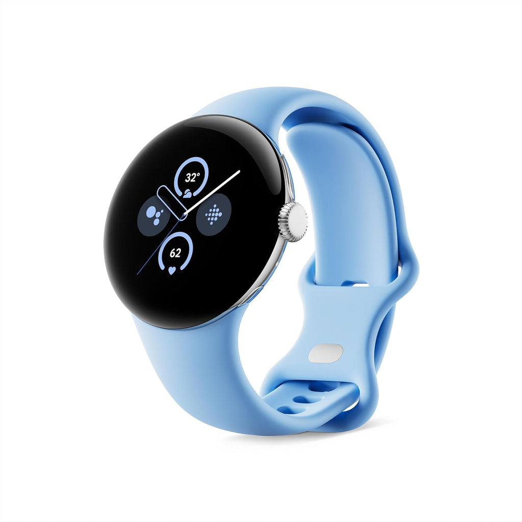 Présentation : Google Pixel Watch 2 (modèle précédent) avec le meilleur de Fitbit : suivi de la fréquence cardiaque, gestion du stress, sécurité. Montre connectée Android avec boîtier en aluminium argenté poli, bracelet Bay Active et Wi-Fi.