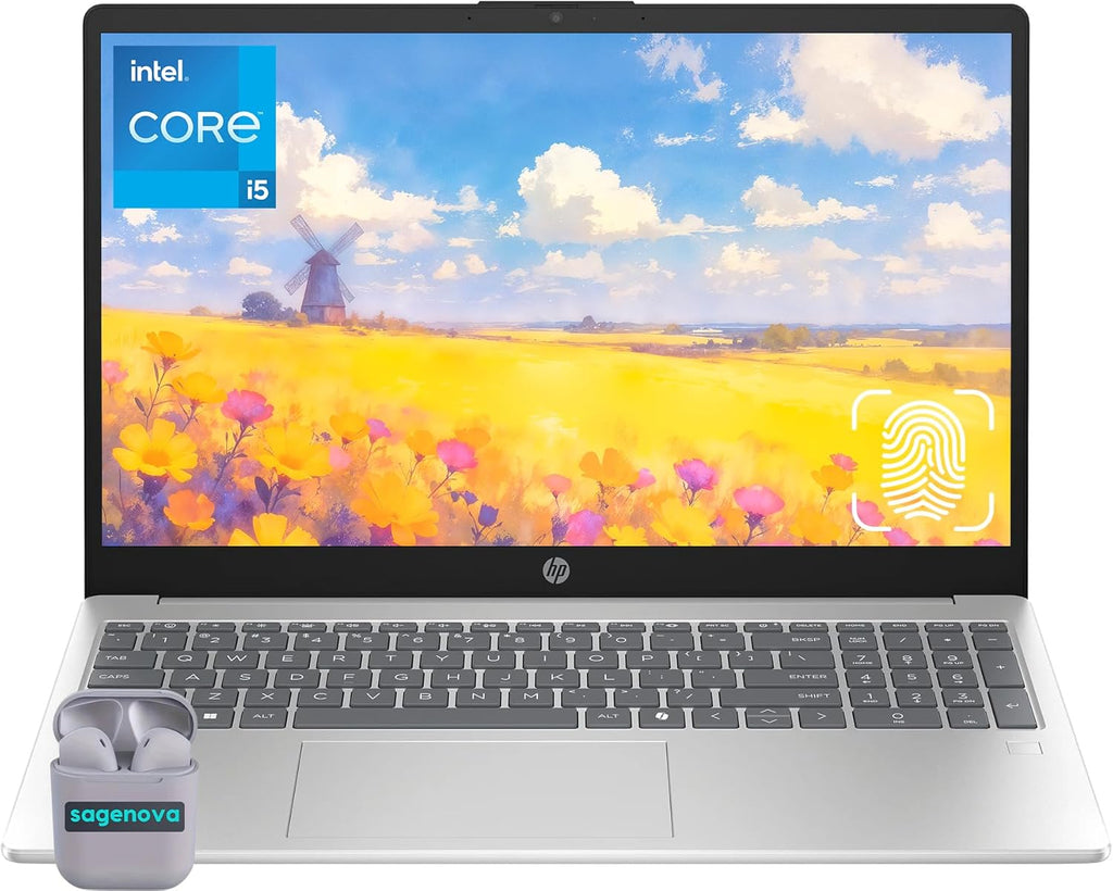 Ordinateur compact portable professionnel HP 15,6 pouces : 12 Go de RAM, SSD de 512 Go, processeur Intel Core i5 à 10 cœurs, Windows 11 avec Copilot AI, lecteur d’empreintes digitales, clavier rétroéclairé, écouteurs SageNova.