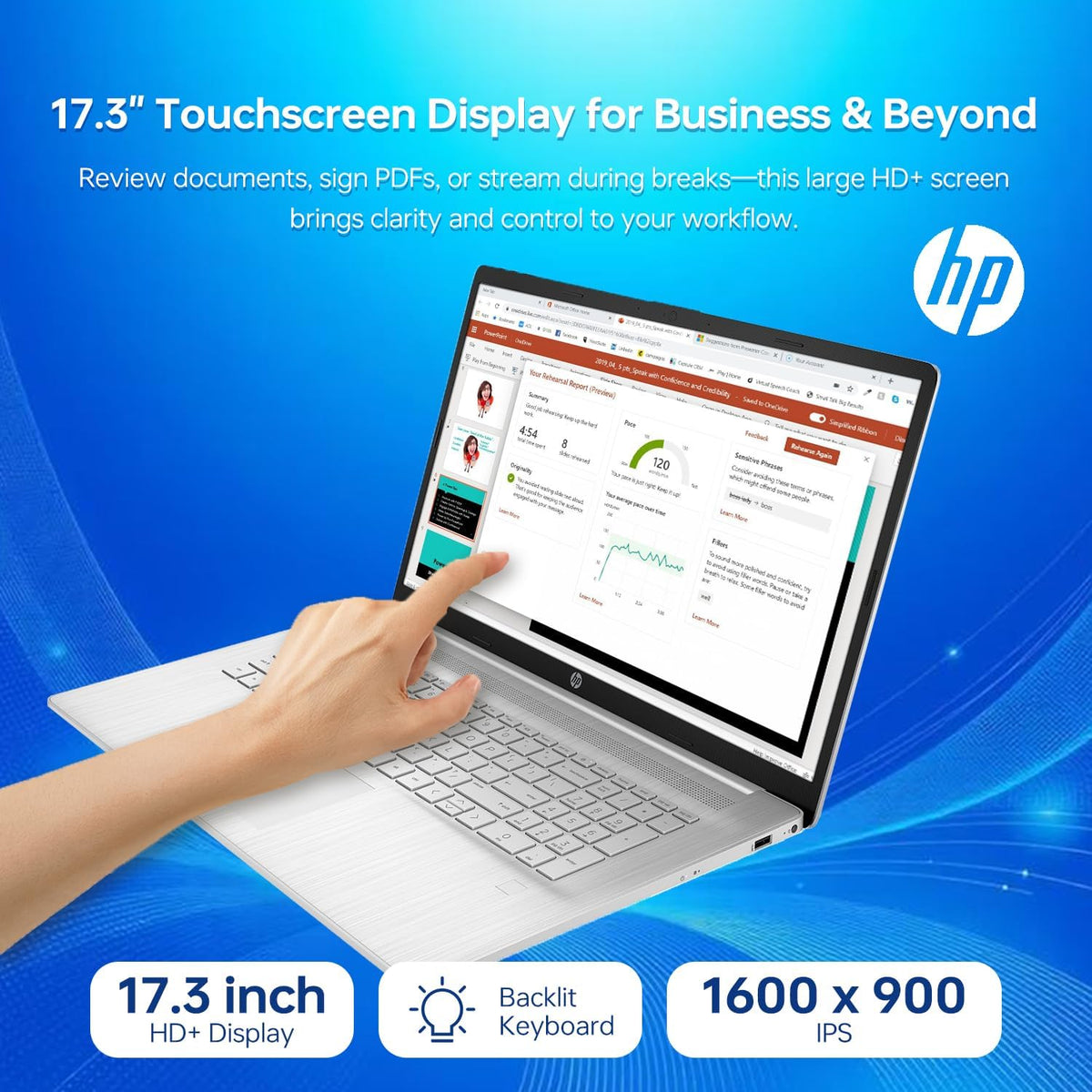 Ordinateur compact portable HP 17 : écran tactile HD+ de 17,3 pouces, processeur Intel Core i7-1255U, 32 Go de RAM, SSD de 1 To, webcam, HDMI, clavier rétroéclairé, Wi-Fi, Windows 11 Famille, couleur argent.