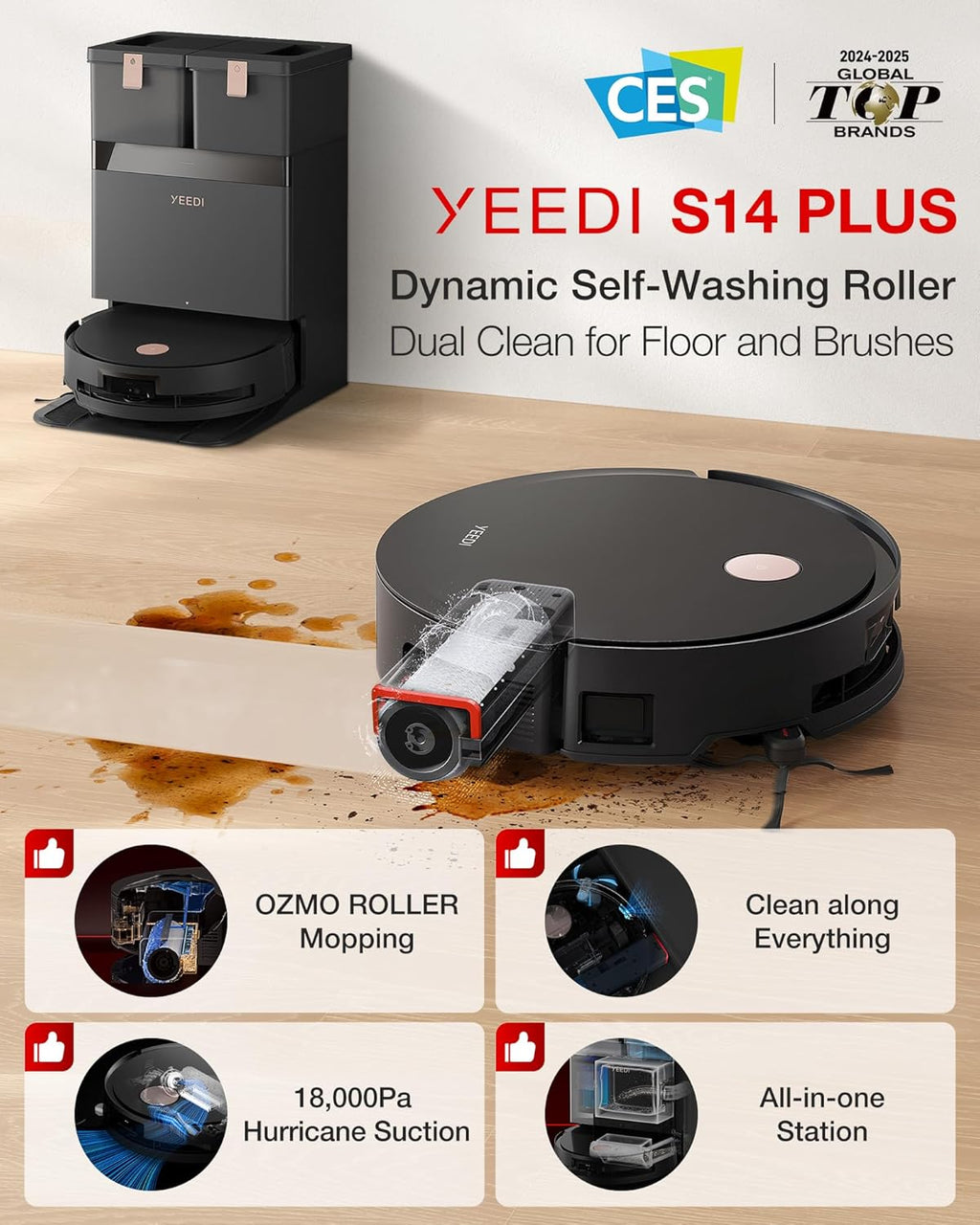 Aspirateur et laveur robot Yeedi S14 Plus, aspiration de 18 000 Pa, lavage à rouleau OZMO, ZeroTangle 2.0, capteur 3D TruEdge, station tout-en-un doté de lavage automatique à l'eau chaude et séchage automatique, noir