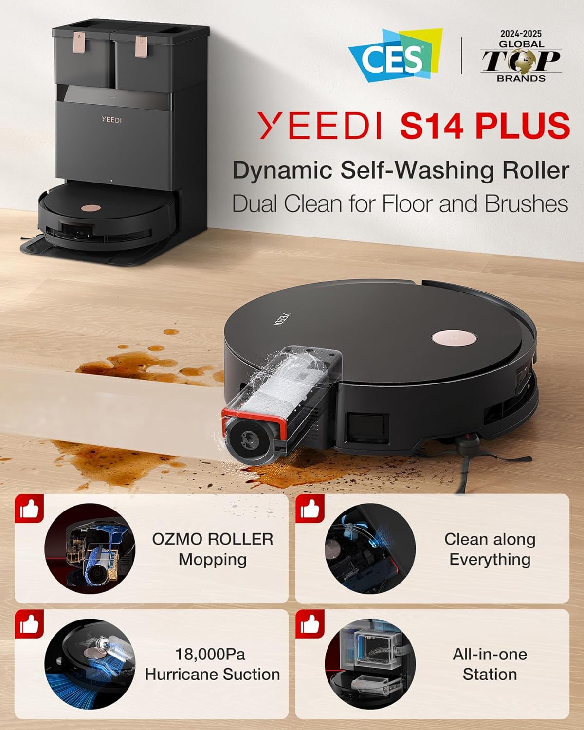 Aspirateur et laveur robot Yeedi S14 Plus, aspiration de 18 000 Pa, lavage à rouleau OZMO, ZeroTangle 2.0, capteur 3D TruEdge, station tout-en-un doté de lavage automatique à l'eau chaude et séchage automatique, noir
