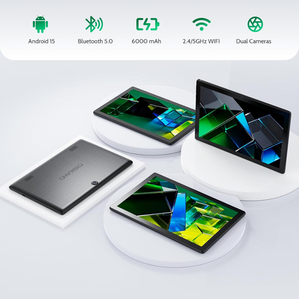 Tablette tactile DigiLand Android 15, tablette Android 10,1 pouces avec processeur octocœur, 6 Go de RAM + 64 Go de ROM (extensible via carte TF), caméra avant 2 MP/arrière 5 MP, batterie 6 000 mAh, tablette Wi-Fi Android 2025 - Noir (6 + 64 Go)