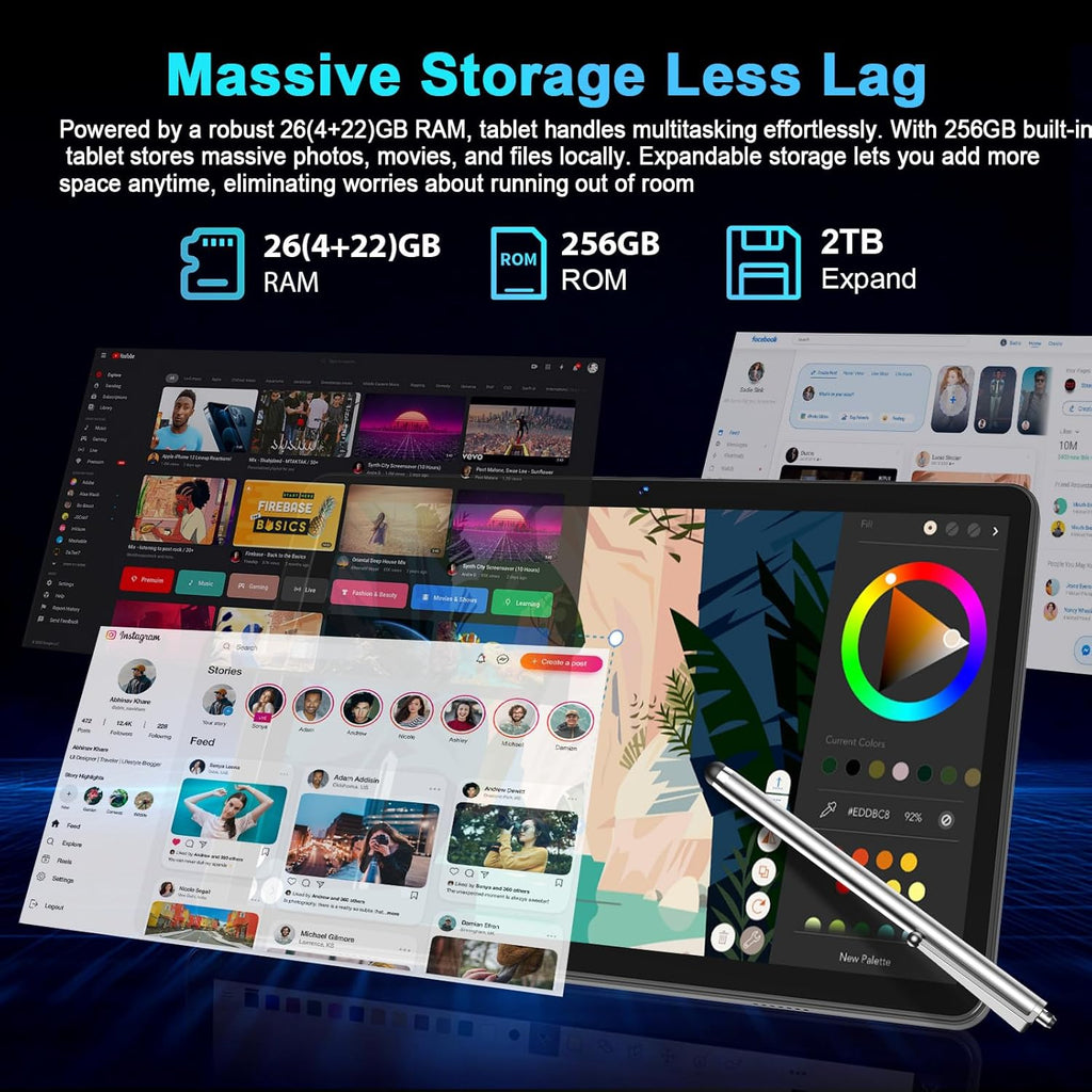 Tablette tactile Suicoey 2026 avec clavier, 26 Go + 256 Go (extensible à 2 To), tablette Android 15 de 10 pouces avec processeur Octa Core, intelligence artificielle Gemini, Wi-Fi 5G, batterie de 8 000 mAh, Bluetooth 5.0, tablette IA 2 en 1 avec étui