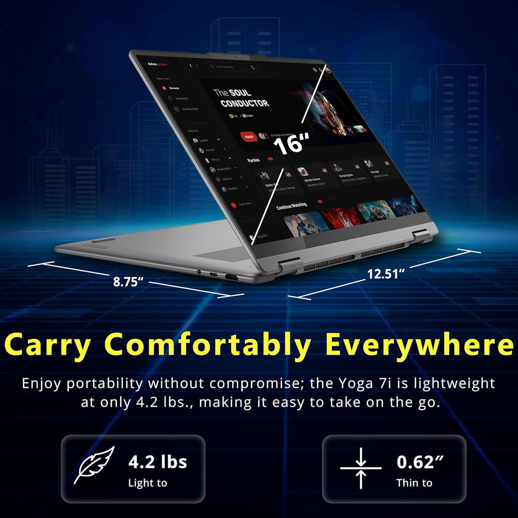Ordinateur compact portable Lenovo Yoga 7i 2-en-1, écran tactile 2K de 16 pouces, processeur Intel Ultra 5 226V, 16 Go de RAM LPDDR5X, 2 To de stockage (SSD de 1 To et station d'accueil de 1 To), carte graphique Intel Arc, clavier rétroéclairé