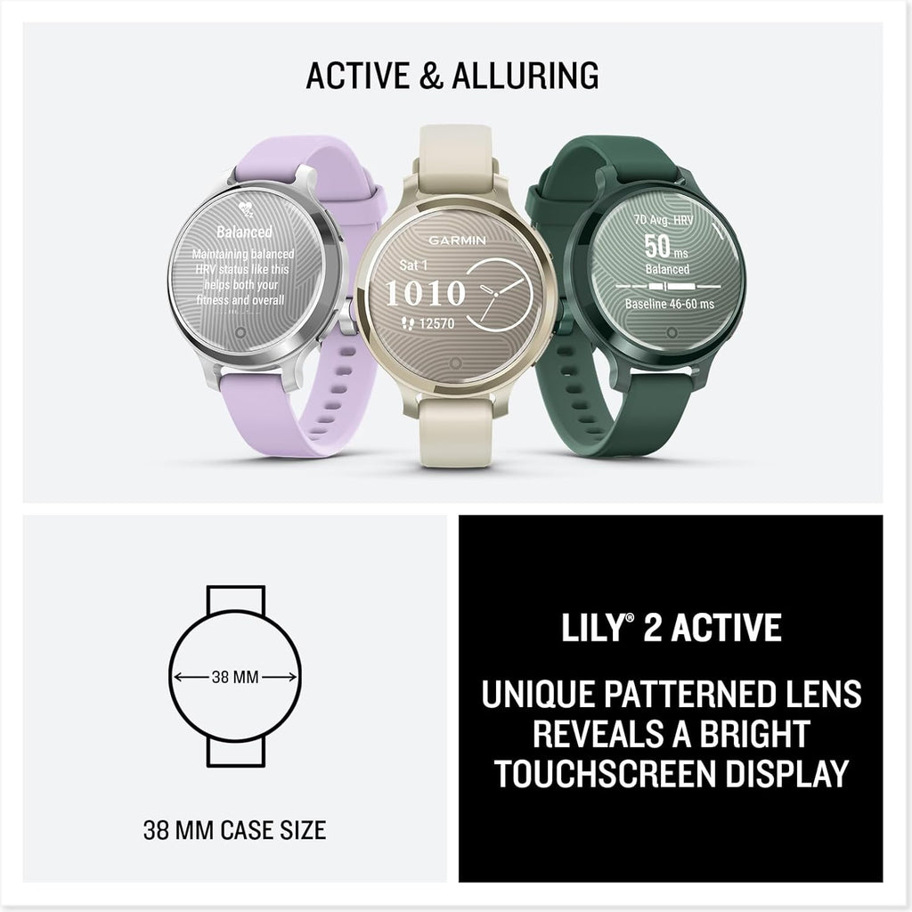 Présentation : Garmin Lily® 2 Active Montre connectée compacte et élégante GPS intégré Écran dissimulé Verre à motifs Jusqu'à 9 jours d'autonomie Couleur or lunaire Bracelet en silicone couleur os