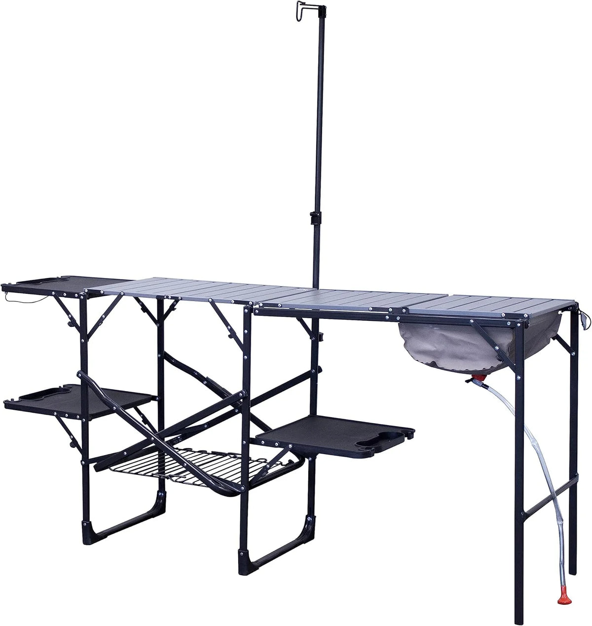 Station de cuisine extérieure GCI Master Cook Station | Table de cuisine pliante portable dotée de évier à coque souple, plateau résistant à la chaleur et perche télescopique pour lanterne, idéale pour le camping