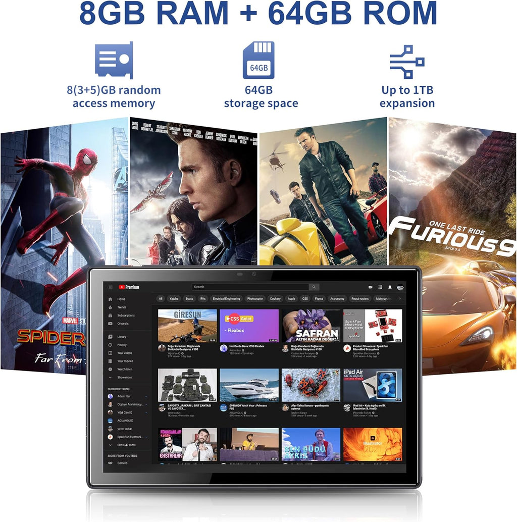 Tablette tactile BYYBUO Android 15, 10,1 pouces avec étui, 8 Go de RAM, 64 Go de ROM, processeur quadricœur, batterie 5000 mAh, écran tactile IPS FHD 1280 x 800, double caméra 5 MP + 8 MP, Bluetooth, Wi-Fi, boîtier en métal, SMARTPAD A10_L