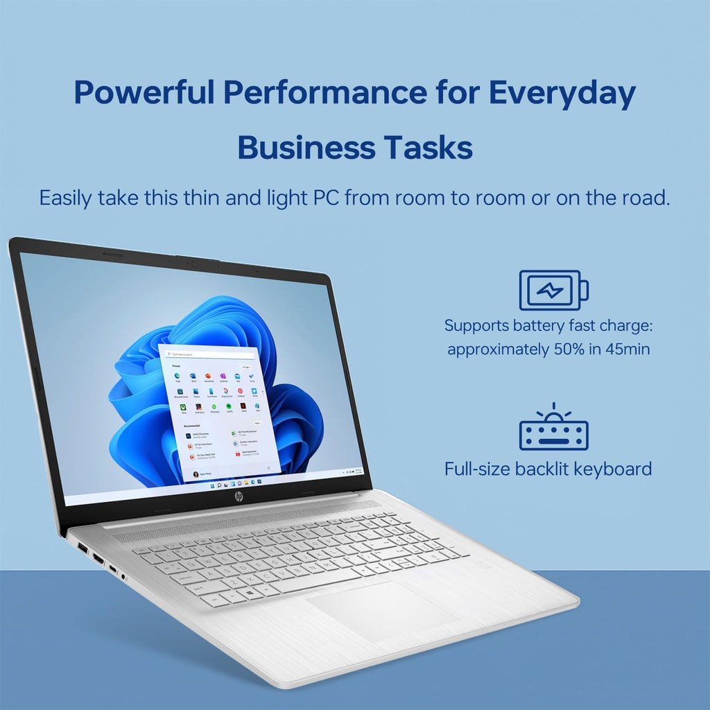 Ordinateur compact portable HP 17 : écran tactile HD+ de 17,3 pouces, processeur Intel Core i7-1255U, 32 Go de RAM, SSD de 1 To, webcam, HDMI, clavier rétroéclairé, Wi-Fi, Windows 11 Famille, couleur argent.