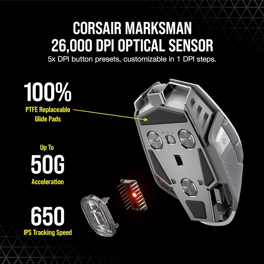 Souris gaming à connectivité sans fil Corsair M65 RGB Ultra Wireless : FPS réglable, technologie à connectivité sans fil Slipstream (moins d'1 ms), capteur optique 26 000 DPI, allant jusqu'à 120 heures d'autonomie, 8 boutons programmables – Blanche