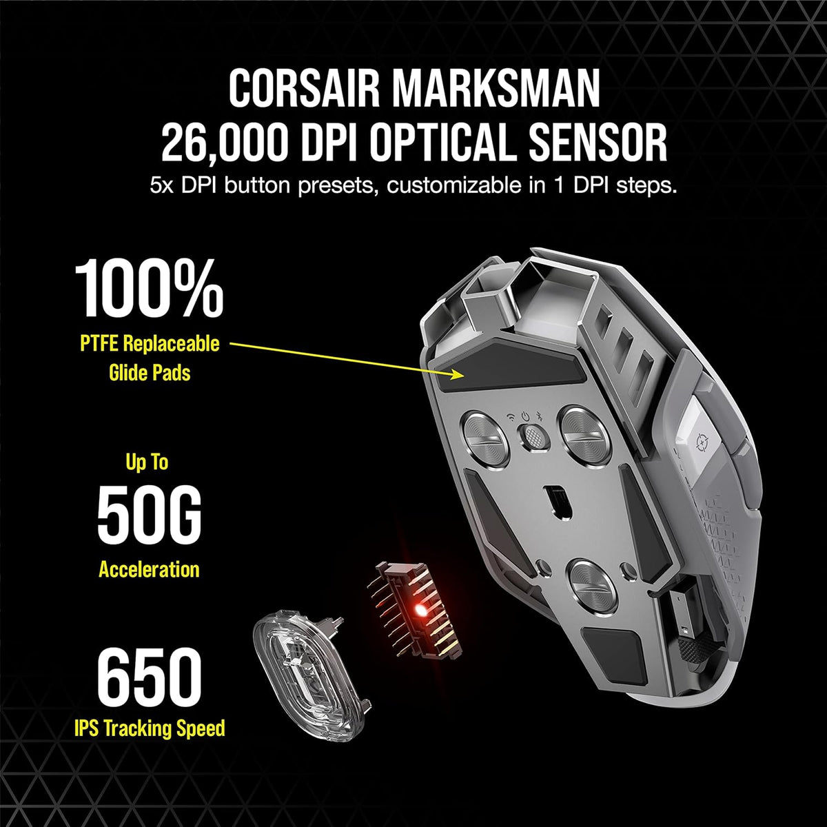 Souris gaming à connectivité sans fil Corsair M65 RGB Ultra Wireless : FPS réglable, technologie à connectivité sans fil Slipstream (moins d'1 ms), capteur optique 26 000 DPI, allant jusqu'à 120 heures d'autonomie, 8 boutons programmables – Blanche