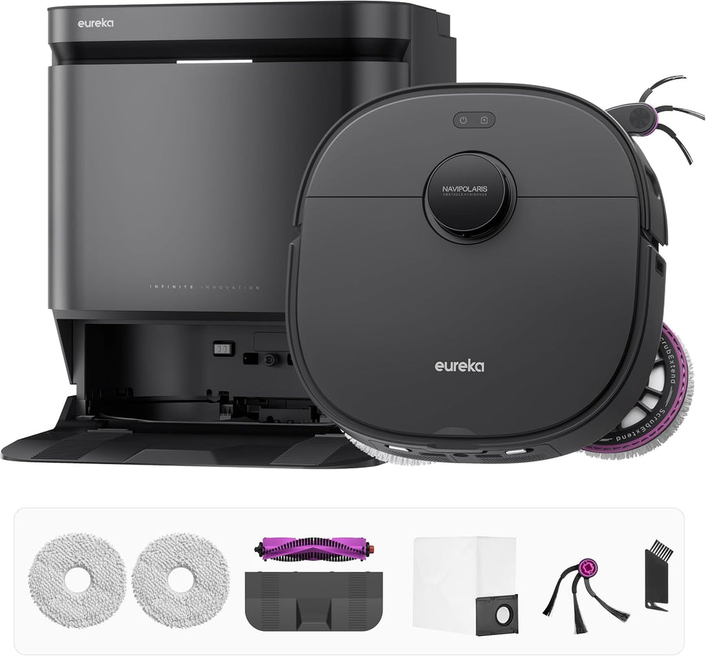 Aspirateur robot tout-en-un Eureka J15 Max Ultra à vidage automatique, aspiration de 22 000 Pa, lavage à l'eau chaude à 80 °C, séchage à l'air chaud à 55 °C, plateau de base autonettoyant, bras de lavage flexible, système anti-enchevêtrement RTCam…