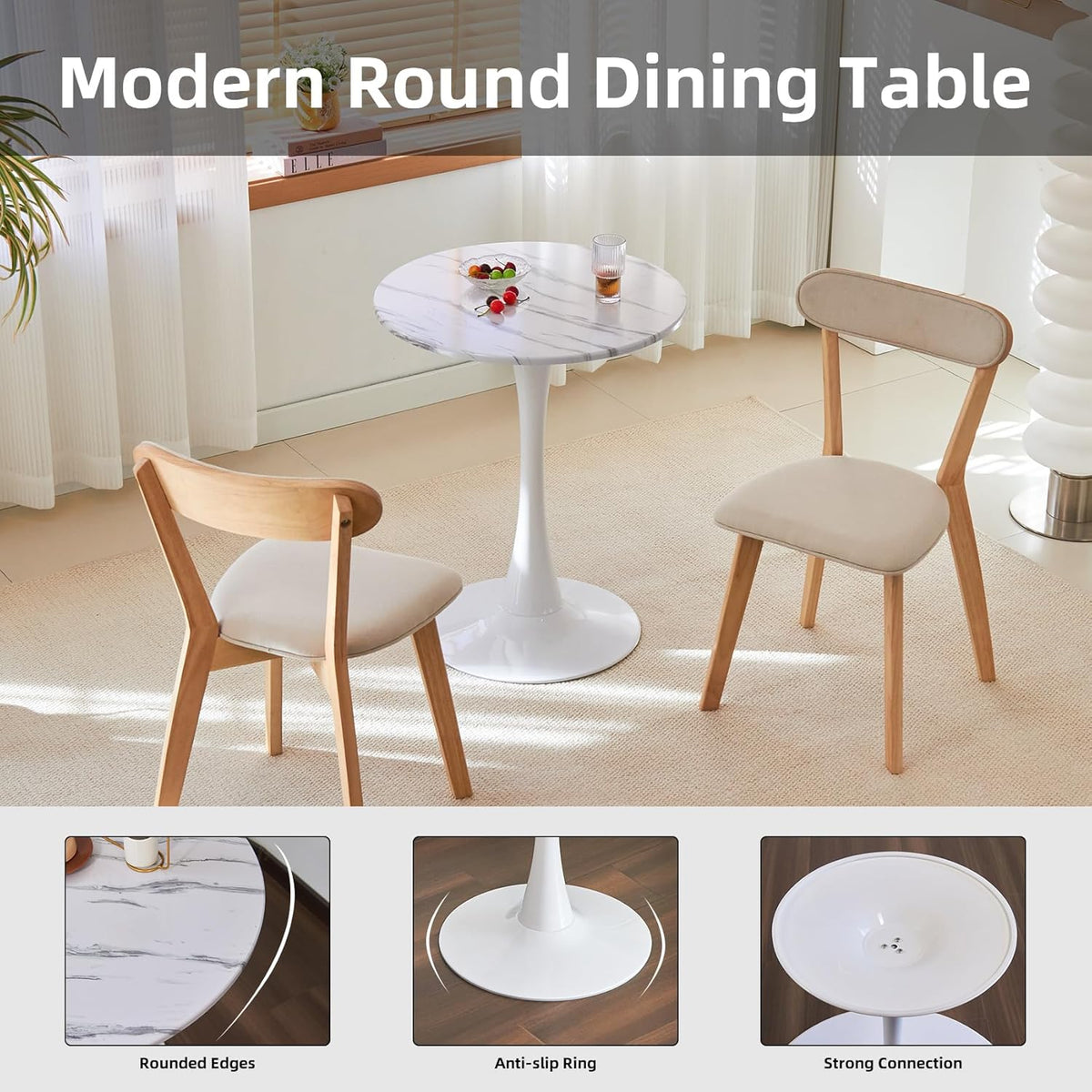 Table de salle à manger ronde, table tulipe circulaire de 80 cm dotée de plateau épais et pied en métal, table bistro moderne du milieu du siècle pour cuisine, petits espaces, salon, café (motif marbre blanc)