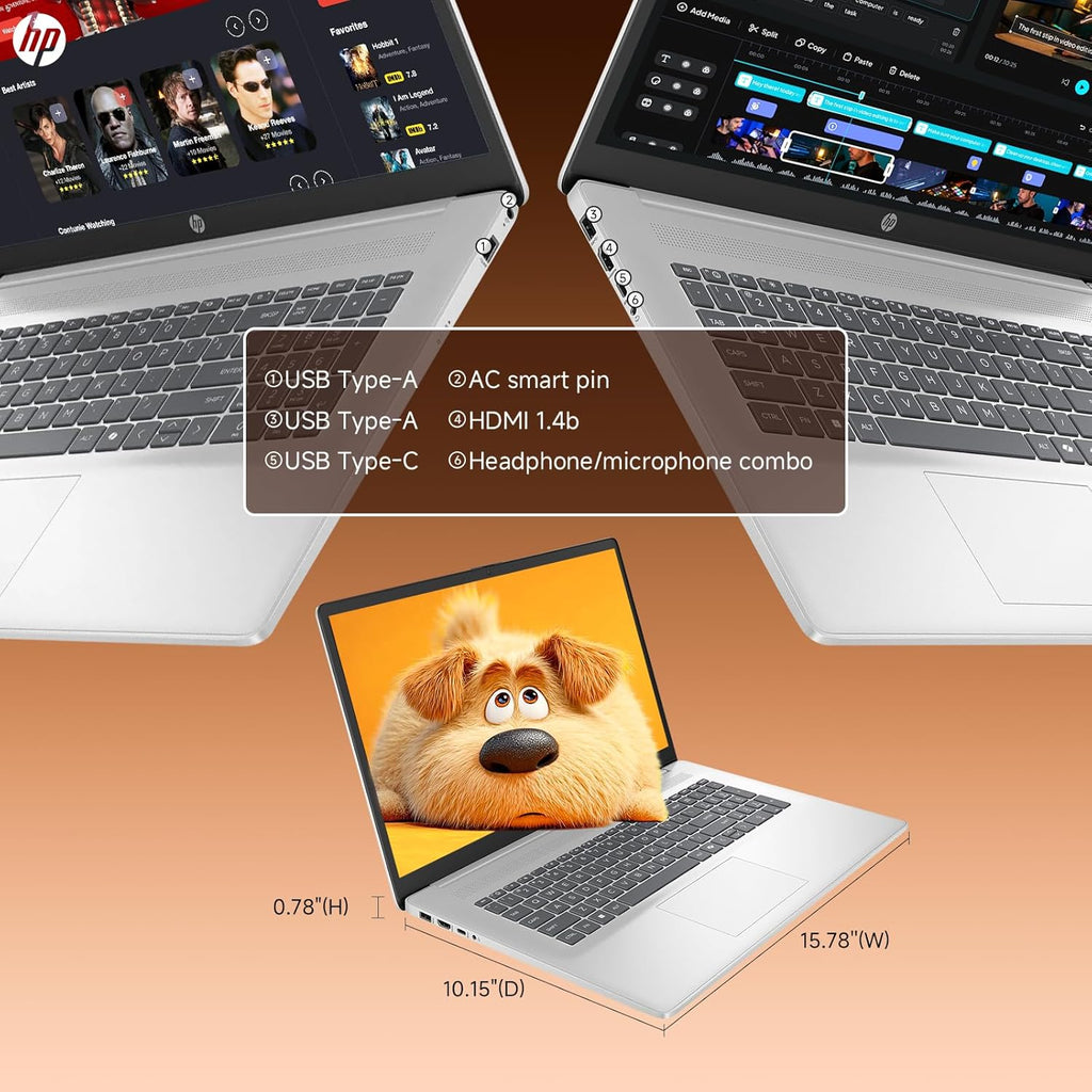 Ordinateur compact portable HP 2026 17 pouces tactile, Windows 11 Pro, Copilot AI, AMD Ryzen 5 7430U, écran tactile HD+ antireflet de 17,3 pouces, 32 Go de RAM, SSD de 2 To, charge rapide, webcam HD, Wi-Fi 6, Bluetooth 5.4, accessoires