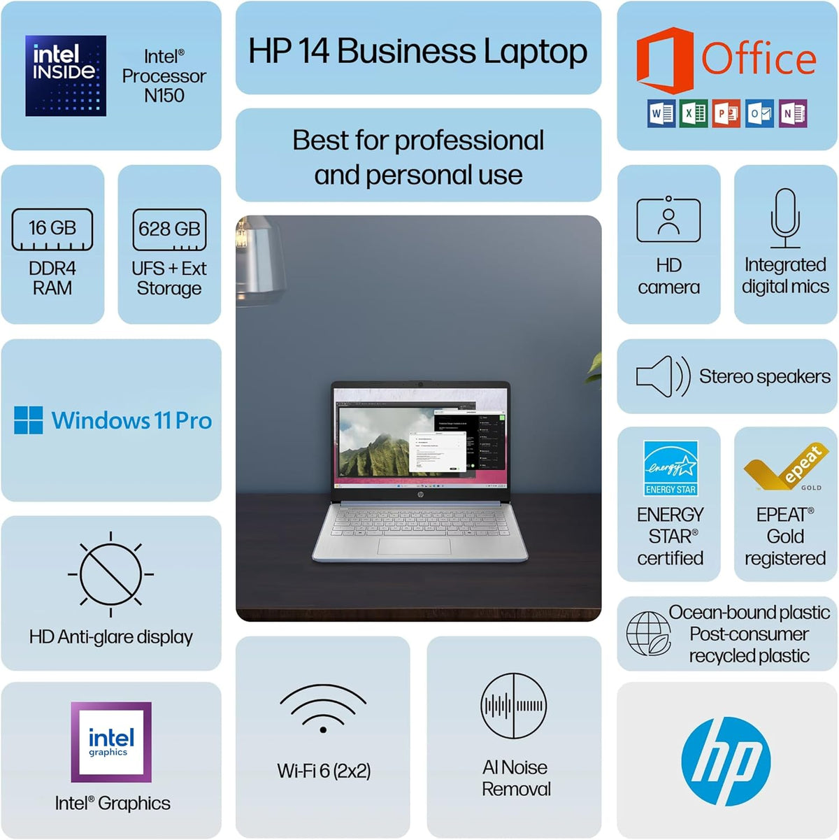 Ordinateur compact portable HP 14" haut de gamme 2025 avec intelligence artificielle, abonnement à vie, idéal pour les entreprises et les étudiants, processeur Intel quadricœur, 16 Go de RAM, 628 Go de stockage (128 Go UFS + 500 Go extensible)