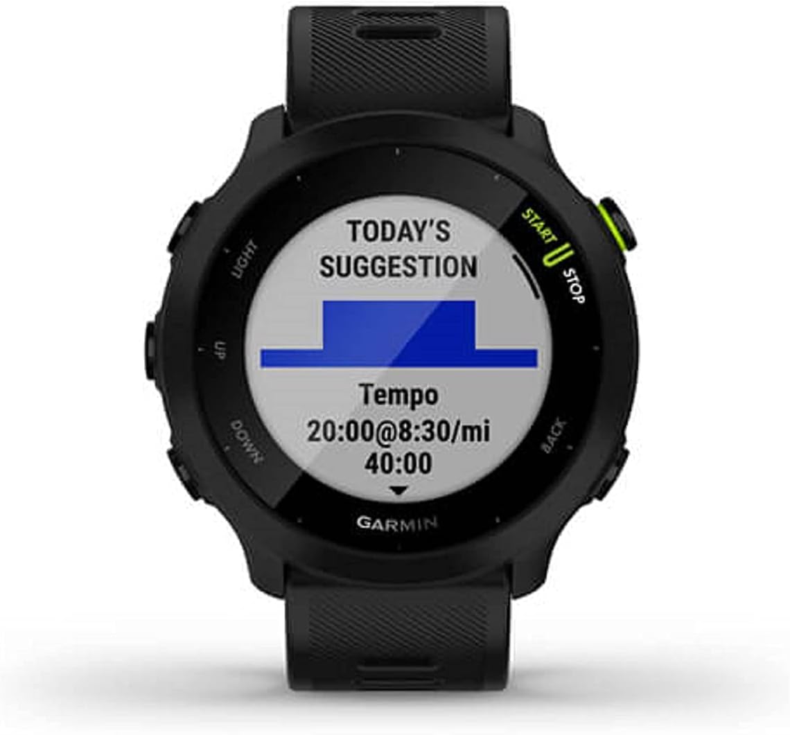 Montre de course GPS Garmin Forerunner 55 doté de suggestions d'entraînement quotidiennes, allant jusqu'à 2 semaines d'autonomie, noire (reconditionnée)
