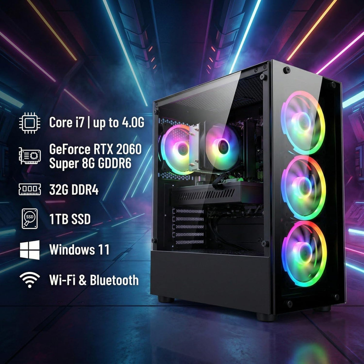 Ordinateur de bureau gaming STGAubron : processeur Intel Core i7-6700 allant jusqu'à 4 GHz, carte graphique GeForce RTX 2060S 8 Go, 32 Go de RAM DDR4, SSD de 1 To, Wi-Fi 6, Bluetooth 5.0, 4 ventilateurs RGB, Windows 11 Famille.
