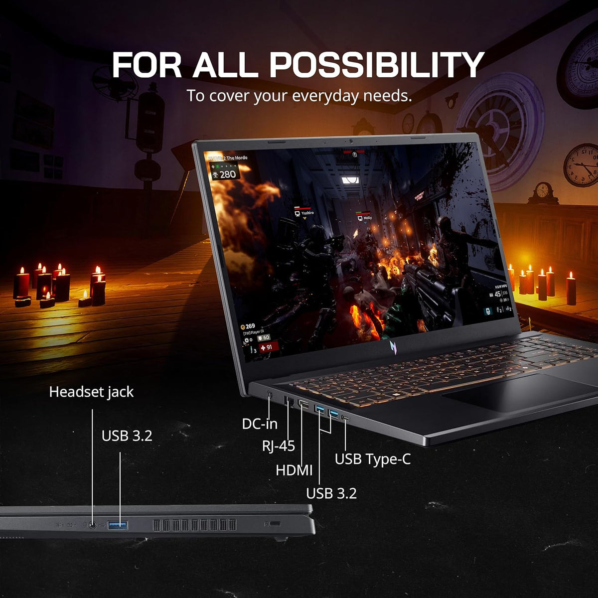 Ordinateur compact portable de jeu Acer Nitro V 15,6" FHD IPS 165 Hz, processeur Intel Core i5-13420H, carte graphique NVIDIA GeForce RTX 5050 8 Go GDDR7, 32 Go de RAM, SSD 1 To, clavier rétroéclairé, Wi-Fi 6, Windows 11 Pro, noir, station d'accueil
