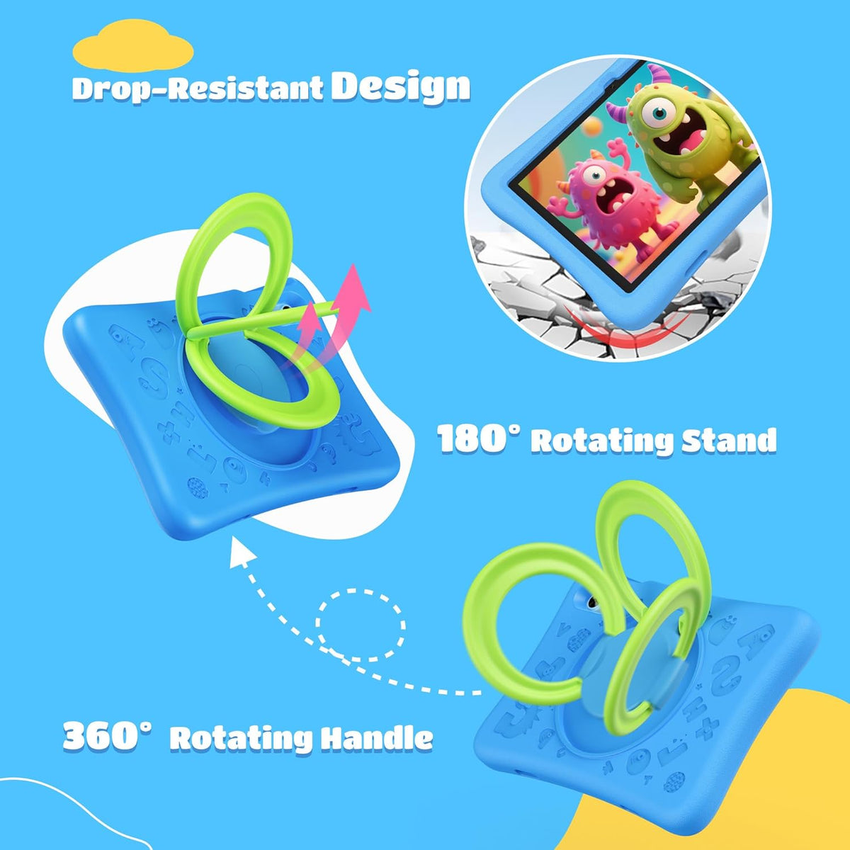 Tablette tactile enfant SVITOO 10 pouces, tablette Android pour tout-petits avec contrôle parental, 20 Go de RAM, 32 Go de ROM extensible jusqu'à 1 To, double caméra, batterie 6000 mAh, Wi-Fi 6, coque antichoc en EVA bleue