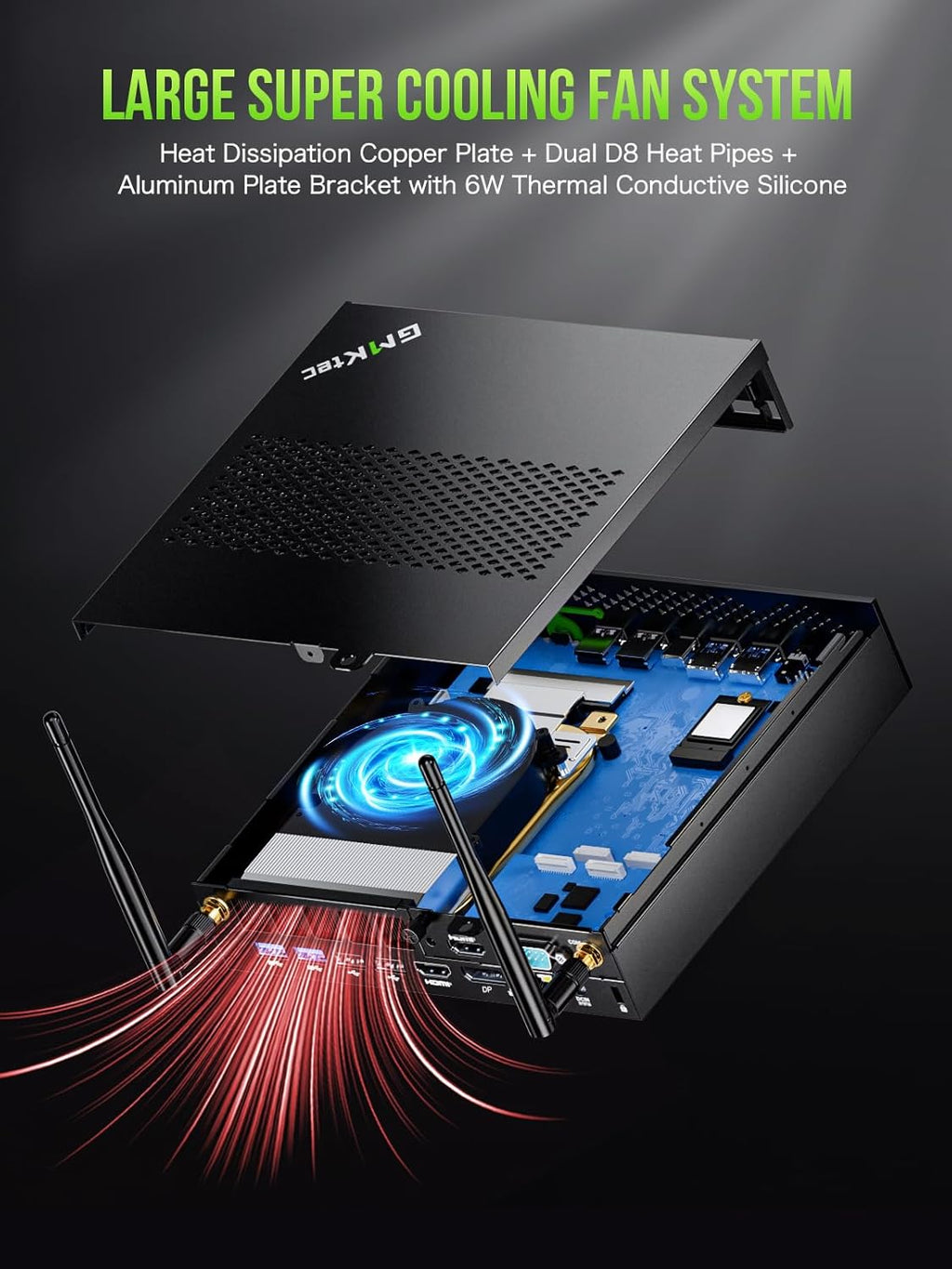 Station de travail mini PC GMKtec Intel Core i9 13900HK (14 cœurs/20 threads) allant jusqu'à 5,4 GHz, 32 Go de RAM DDR5, SSD de 1 To, 8 ports USB, COM, HDMI, DP, usage bureautique et professionnel.