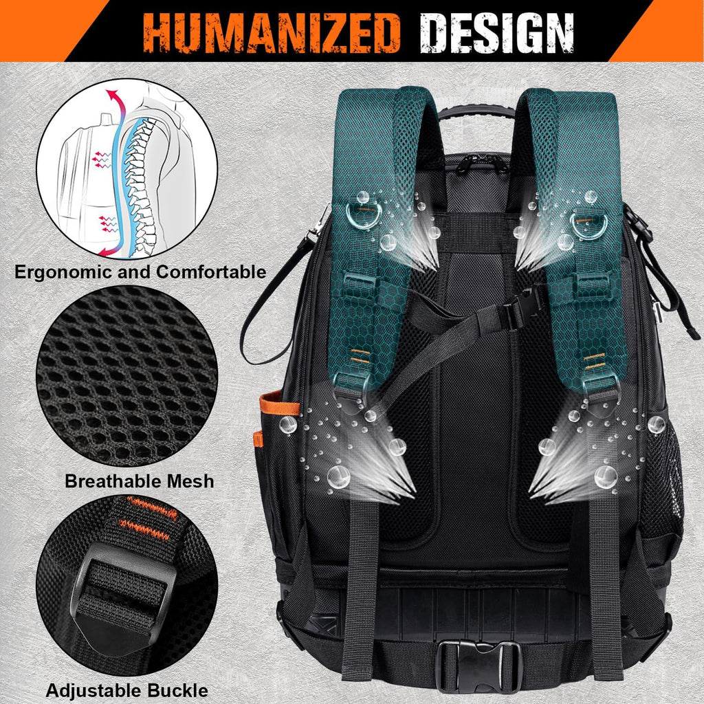 Sac à dos robuste à 96 poches pour outils de CVC, sac à dos d'électricien pour hommes et femmes, organisateur de sac à outils pour CVC, grand sac à dos avec compartiment pour ordinateur compact portable et base moulée pour la construction